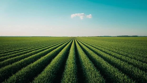 A vast green farmland with neatly planted rows of crops extending to the horizon under a blue sky with a few clouds.