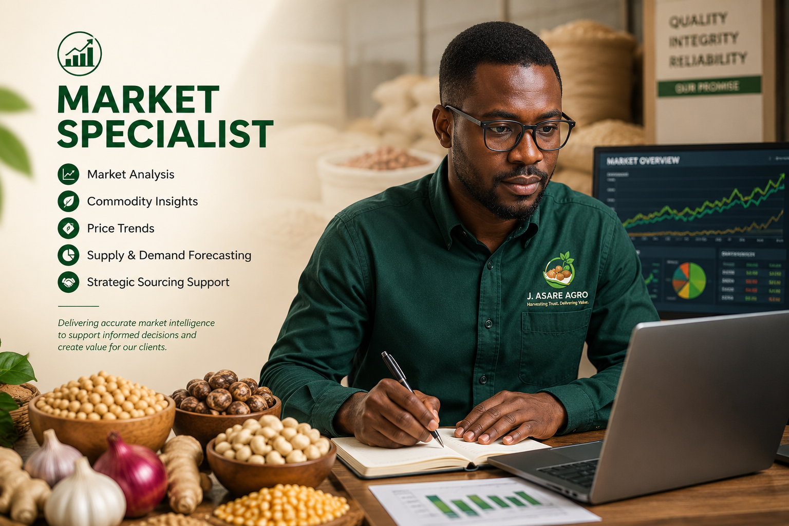 A man working at a desk tracking market analysis with a laptop, surrounded by garlic, ginger, and bowls of nuts, with a background of grain bags and a chart showing market trends.