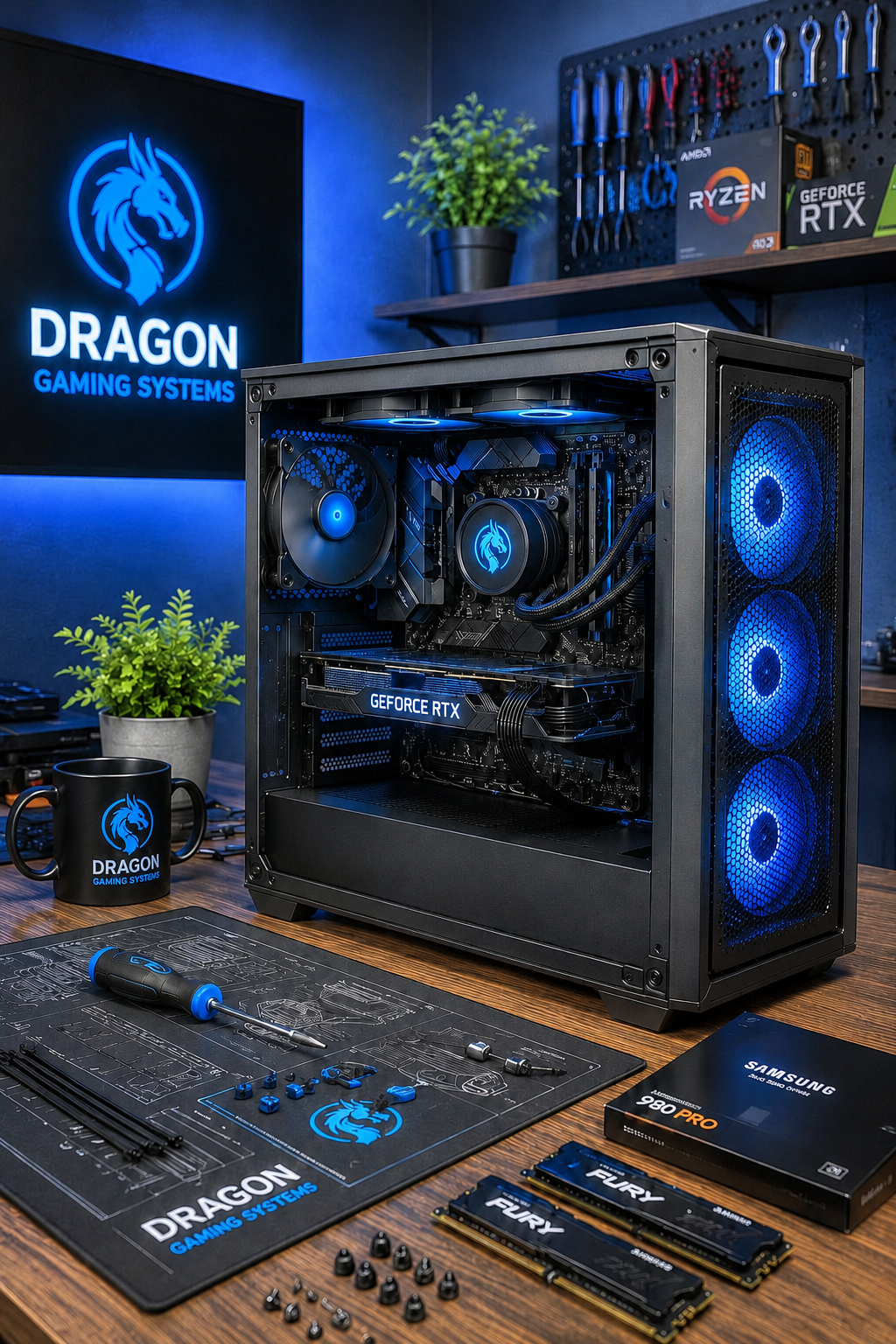 Dragon Gaming Systems desktop PC with blue rgb lighting, dosplayed on a workbench with branded accessories