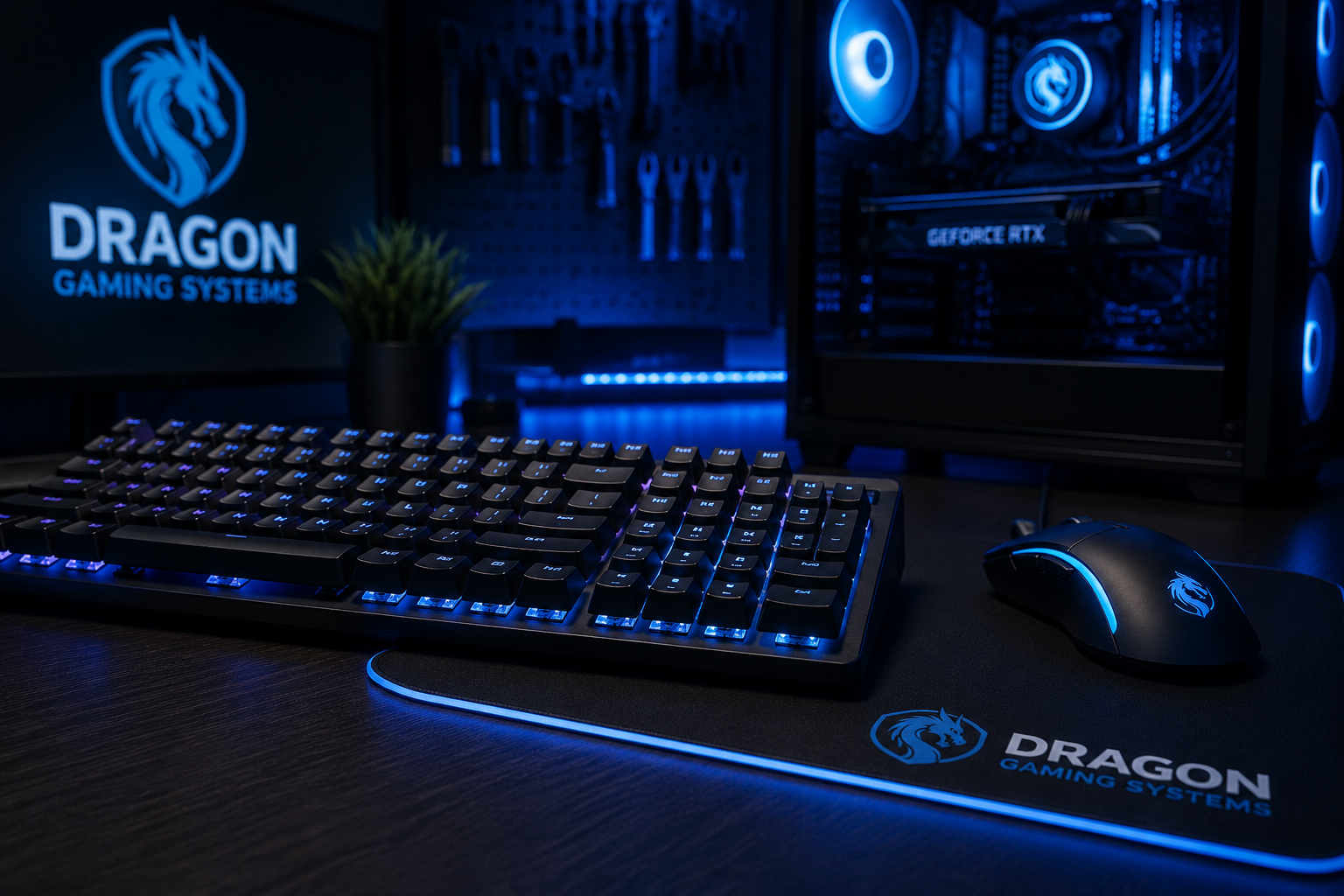 Blue-lit gaming keyboard and desktop PC componetns displayed on the dragon gaming systems contact us page
