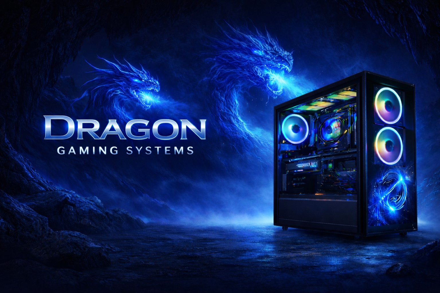 Dragon Gaming Systems banner featuring blue dragons, the company logo and an RGB-lit gaming PC.