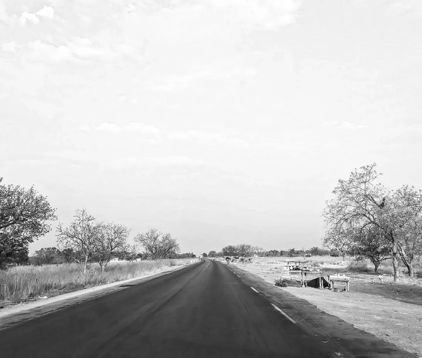 A black and white photo of a straight rural road with trees on either side, under a partly cloudy sky.