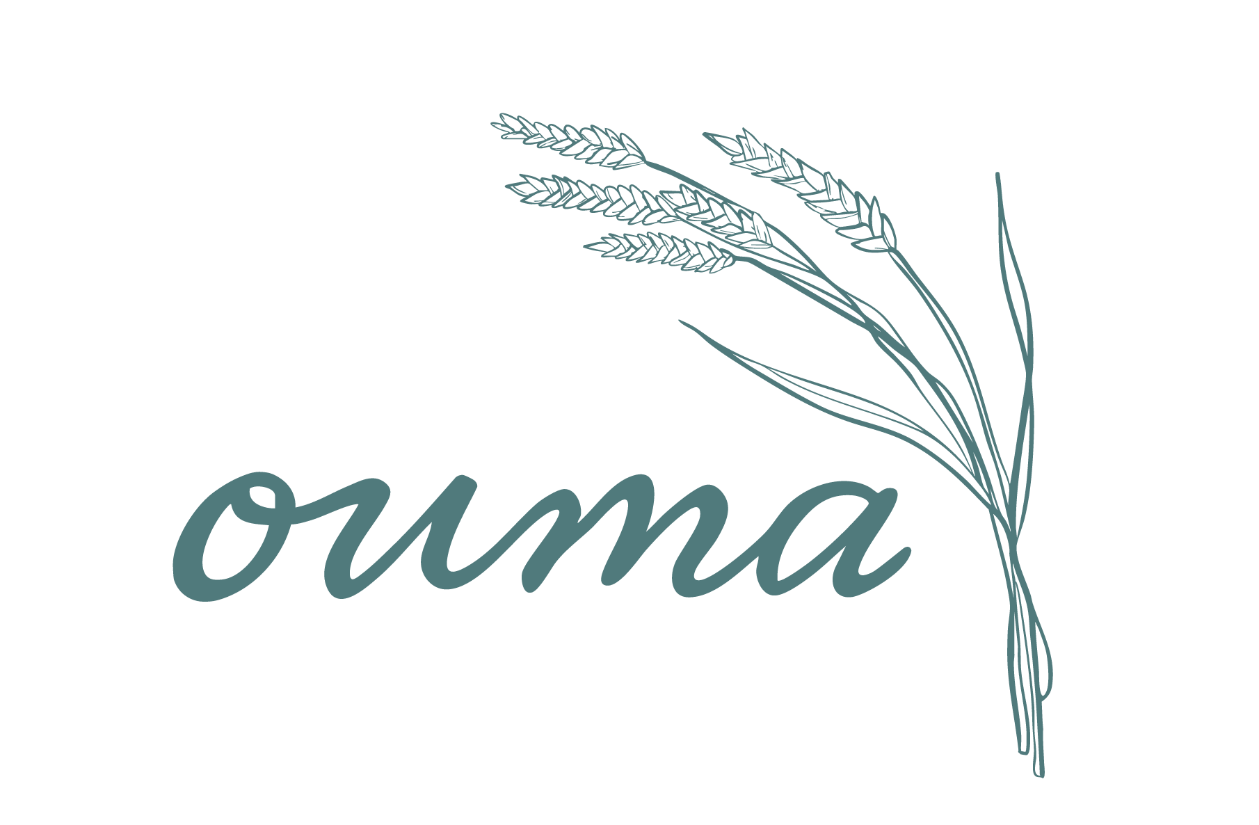 A black background with a light blue illustration of wheat stalks, and the word "ouma" in cursive font.