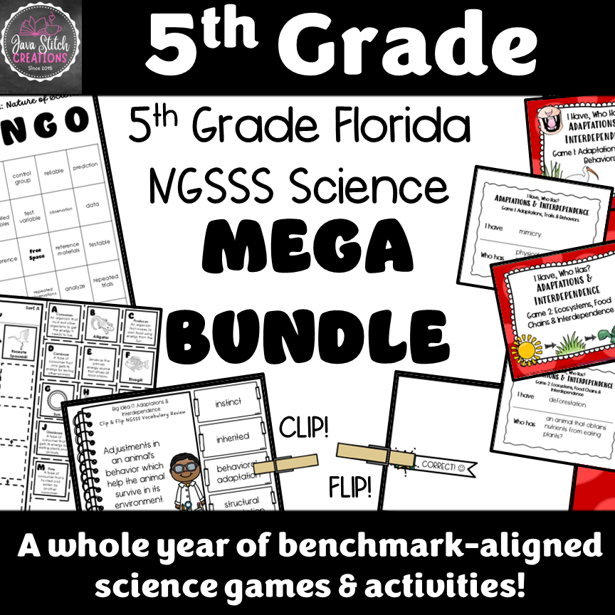 NGSSS games and activities; Florida science, 5th grade science, bingo, interactive notebook, clip cards, I have Who has