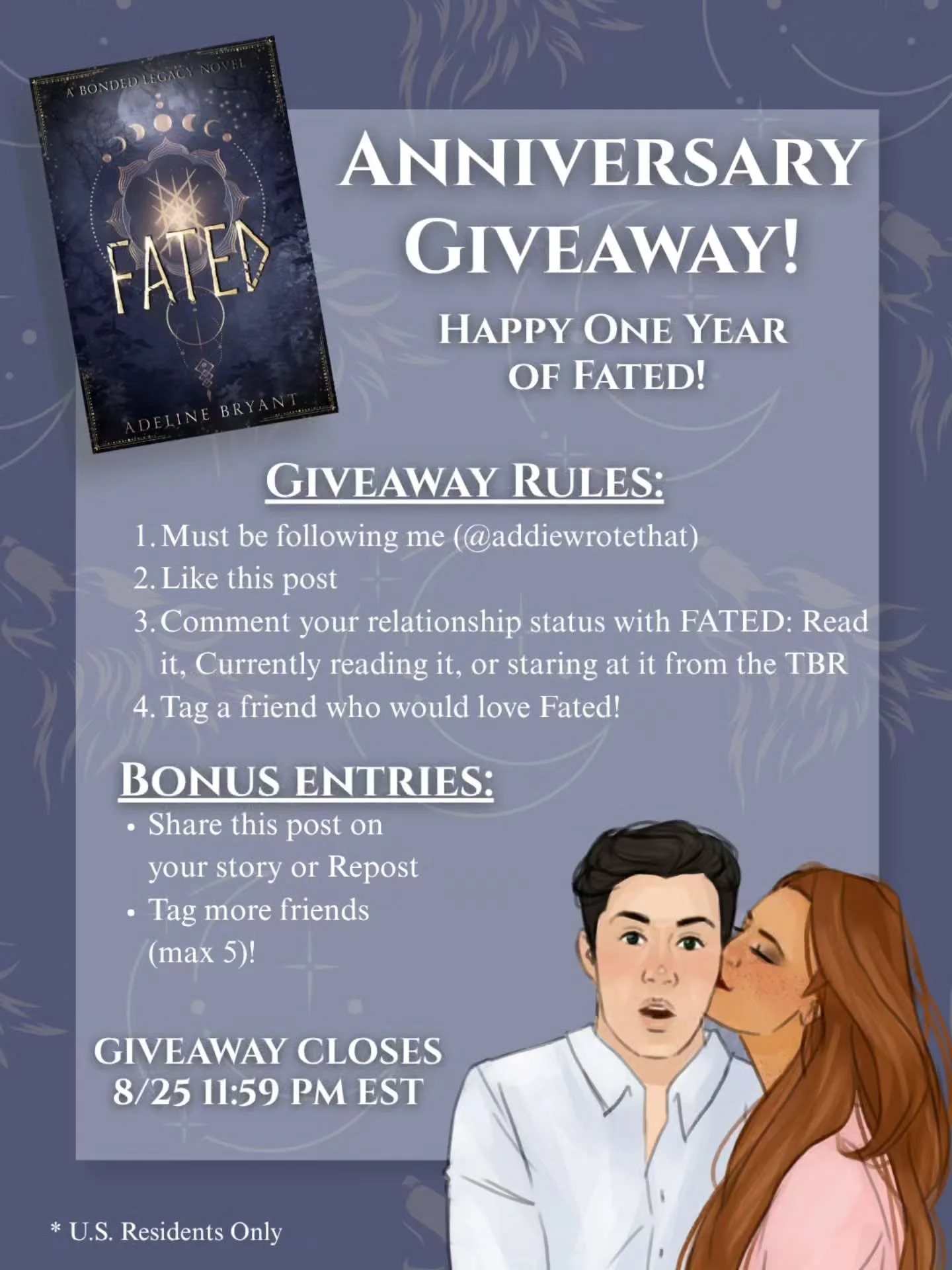 Happy 1st Anniversary to Fated! It's been a whole year to the day since the release of Fated: A Bonded Legacy!

In honor of the anniversary, it is time for a✨️ GIVEAWAY✨️

What you'll get: 
🐺 A SIGNED paperback copy of Fated
🐺 Full ensemble of stic