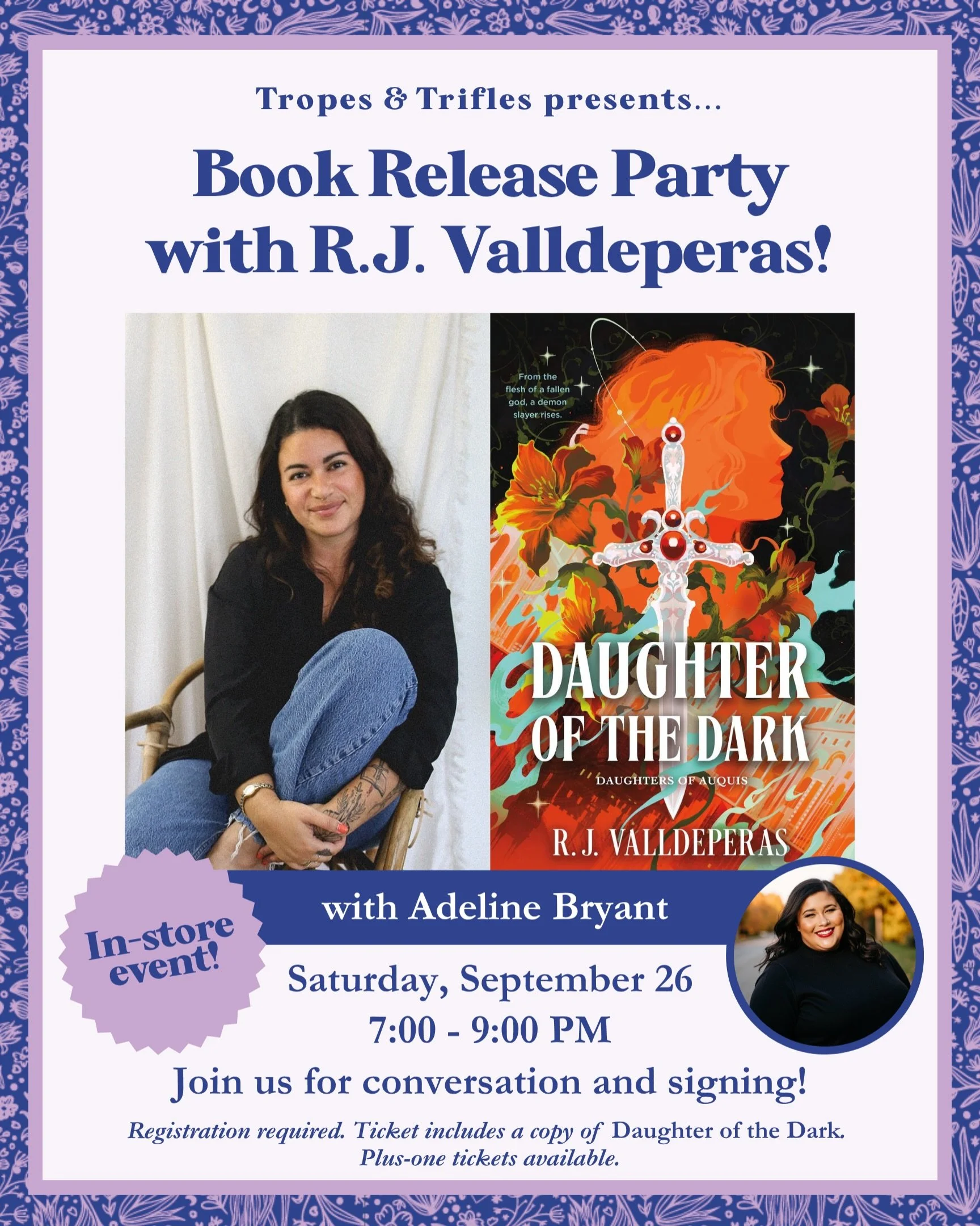 I get to do a very cool author thing next month. 🖤 

I&rsquo;m so honored and ridiculously excited to be joining @rjvalldeperas in conversation at @tropesandtrifles to celebrate the release of DAUGHTER OF THE DARK! 

We&rsquo;ll be talking about the