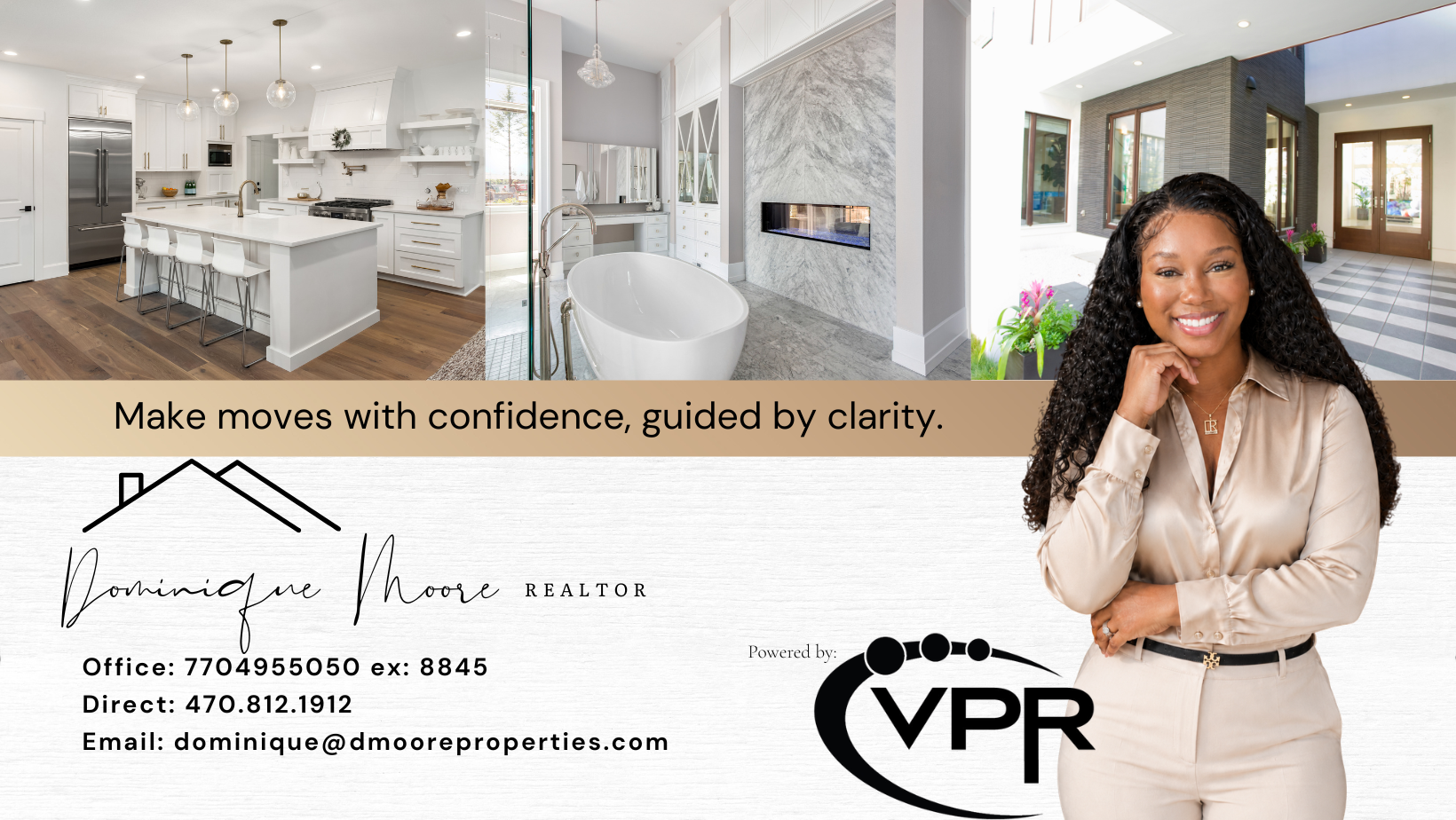 A real estate advertisement featuring three interior images of homes, a woman with long curly hair smiling, contact information, and a logo for Dominique Moore Realtor