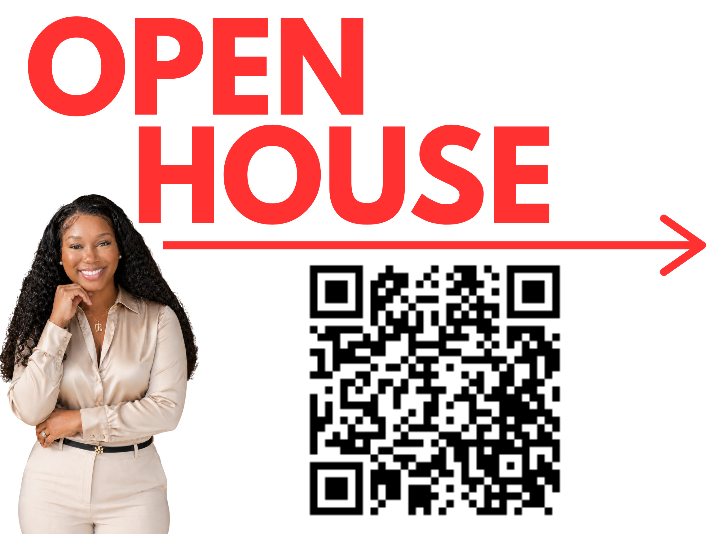 Open house sign featuring Dominique Moore, Georgia REALTOR®, with a QR code to view current open houses in Henry County, Georgia.