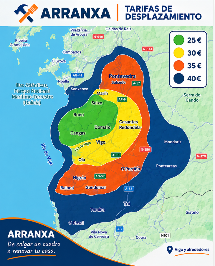 Mapa de tarifas de desplazamiento de Arranxa con diferentes áreas de Vigo y alrededores, destacando zonas en colores verde, amarillo, naranja y azul, que representan diferentes precios en euros.