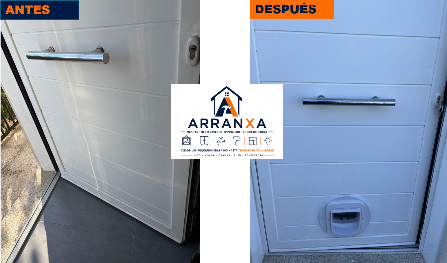 Puerta de entrada antes y después de la reparación, con pasador de seguridad y pequeña puerta para gatos en la parte inferior.