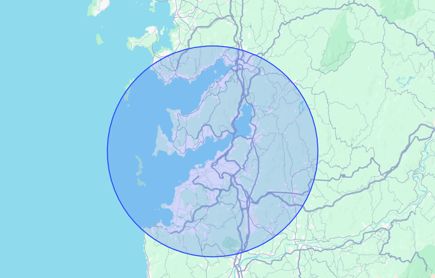 Mapa con círculo azul que delimita un área en la ciudad de vigo, moana, cangas , beue, pontevedra,nigran , biaona