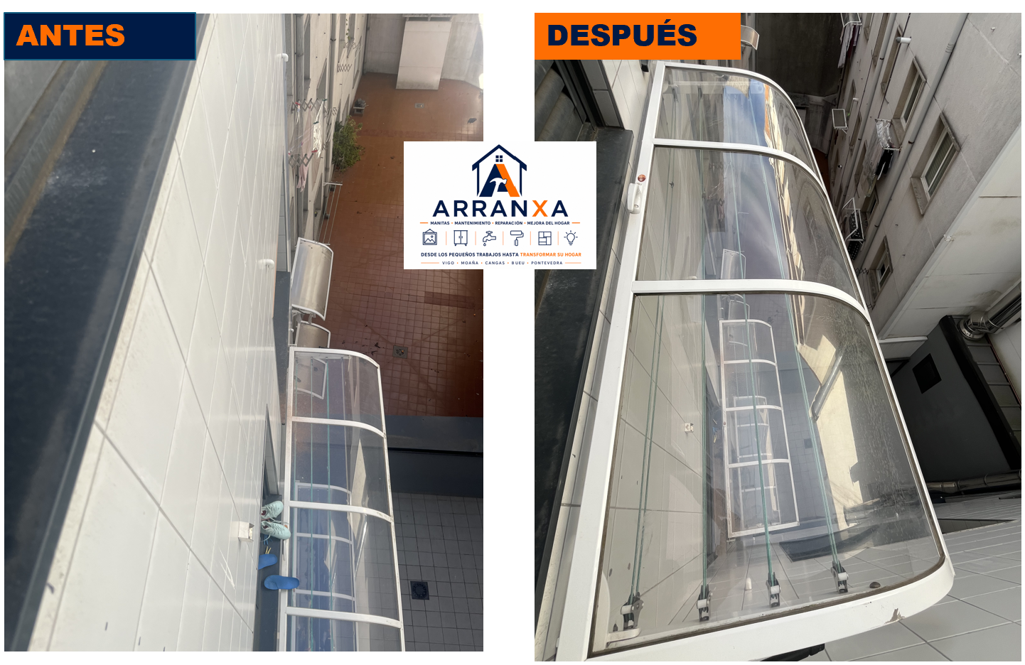 Antes y después, en la imagen de la izquierda se muestra una terraza con pisos y una línea de mesas y sillas, mientras que en la imagen de la derecha está una terraza cerrada con paredes de cristal, ambas en un edificio en un área urbana.