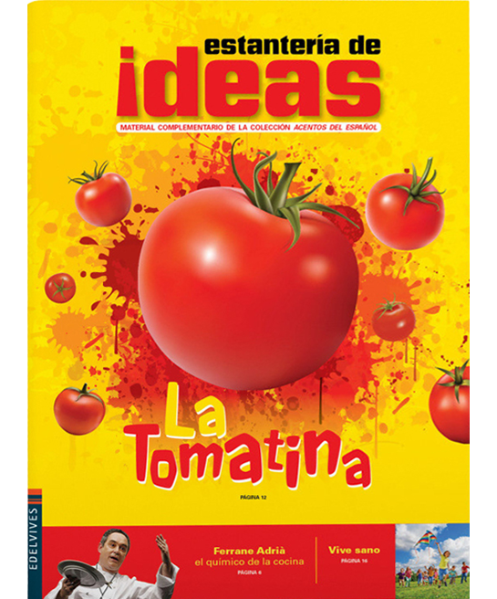 Capa de material didático de espanhol, com fundo amarelo e ilustrações de tomates.