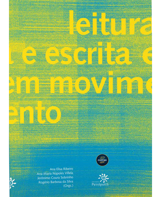 Capa do livro Leitura e escrita em movimento, com composição tipográfica em amarelo sobre fundo verde texturizado.