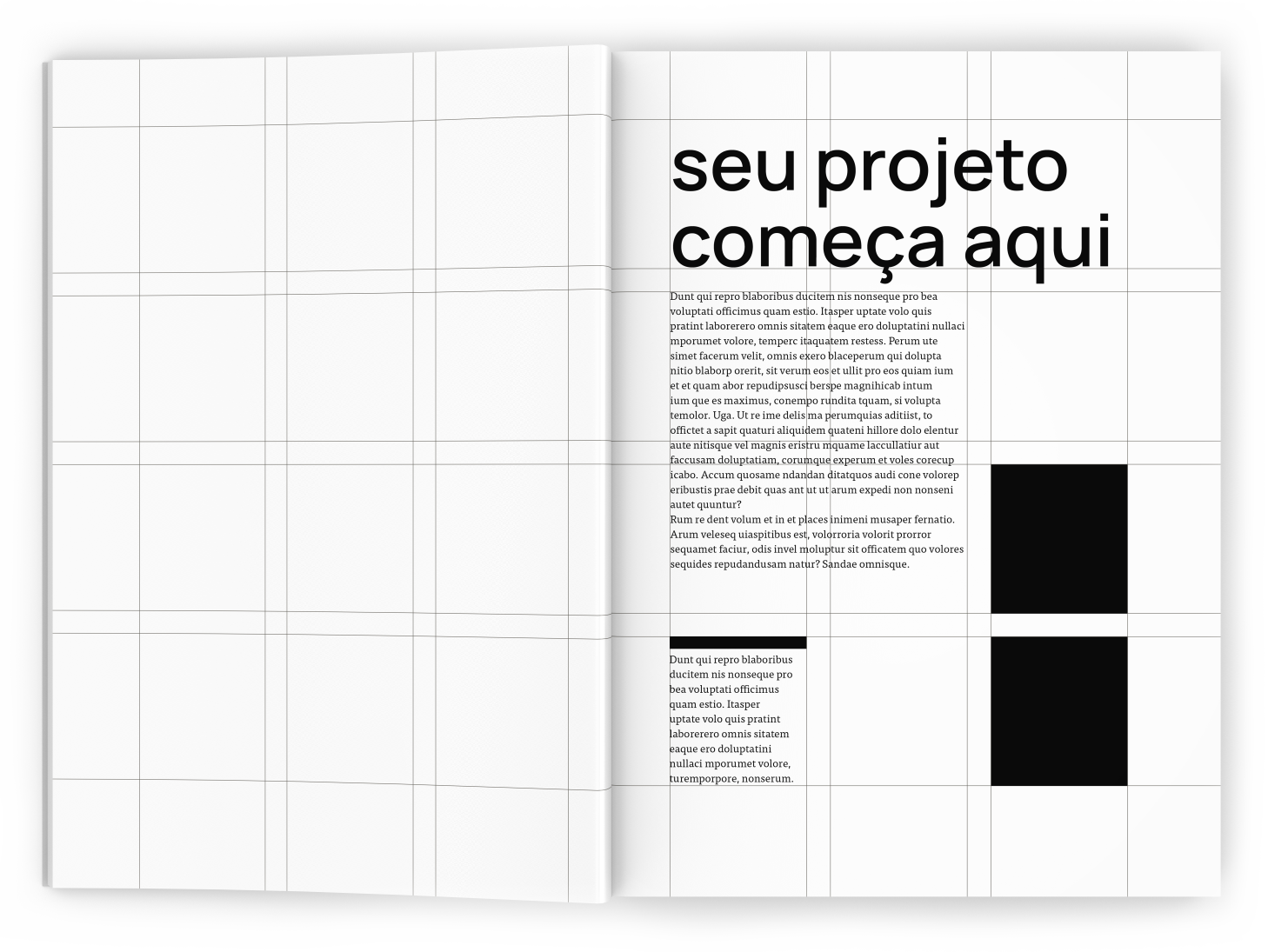 Projeto gráfico editorial com grid de diagramação e a frase “Seu projeto começa aqui”.
