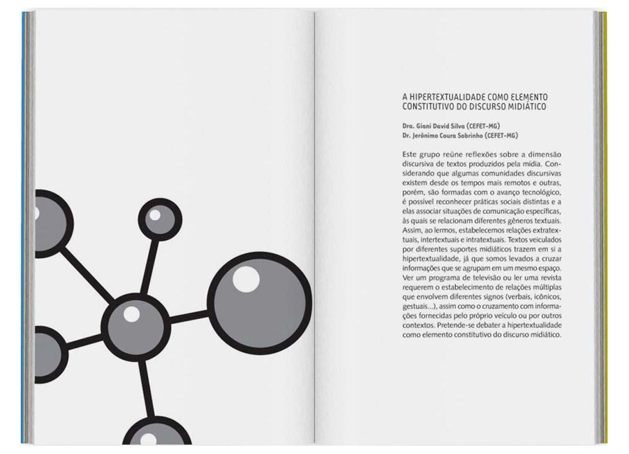 Páginas de publicação acadêmica com composição tipográfica minimalista, ilustração geométrica e texto em coluna.
