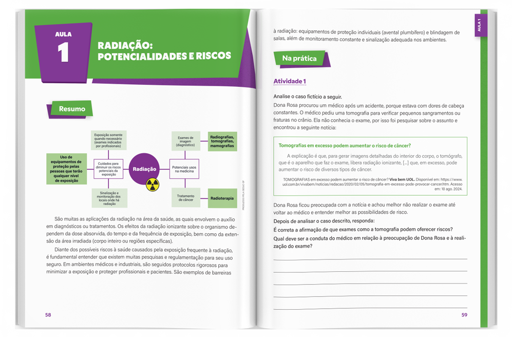 Páginas de livro didático sobre radiação, com diagramas, atividades e elementos gráficos em verde e roxo.