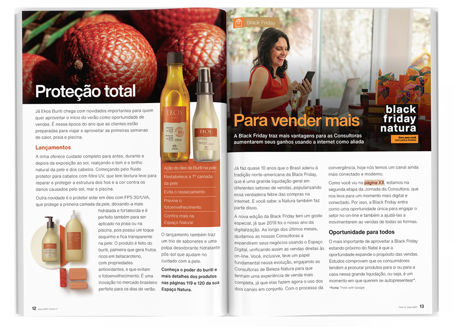 Páginas de revista com diagramação em colunas, fotografias e matérias sobre beleza e comércio.