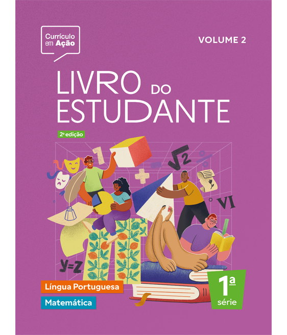 do livro do estudante Currículo em Ação, volume 2, para o 1º ano, com ilustrações coloridas e elementos relacionados à educação.