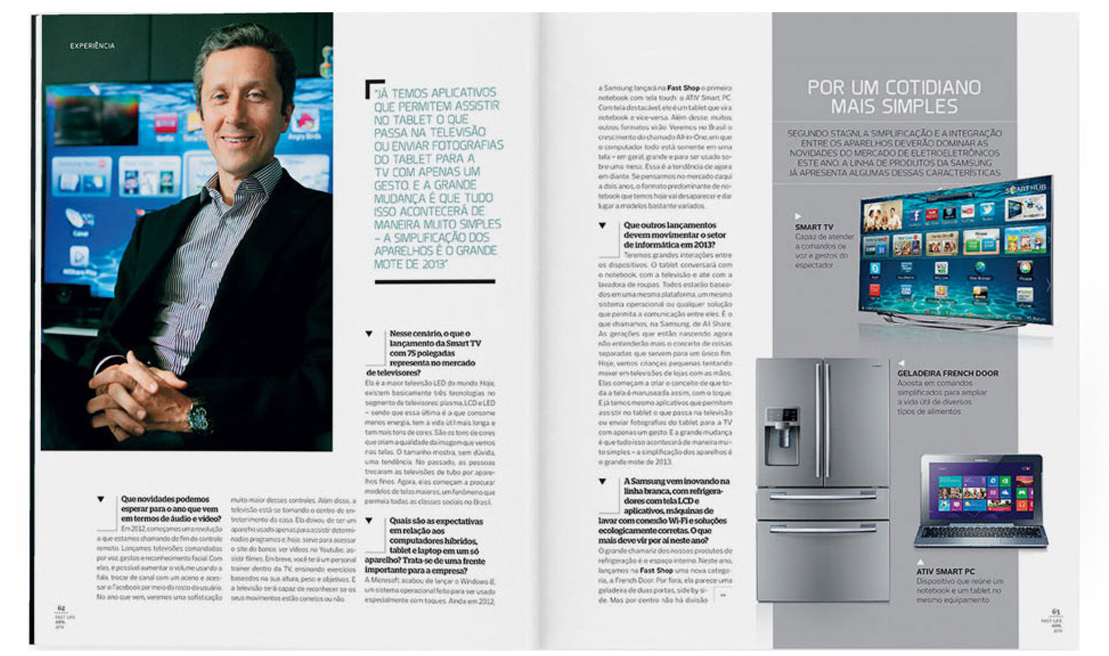 Páginas de revista com entrevista, fotografias e conteúdo sobre tecnologia e eletrônicos.