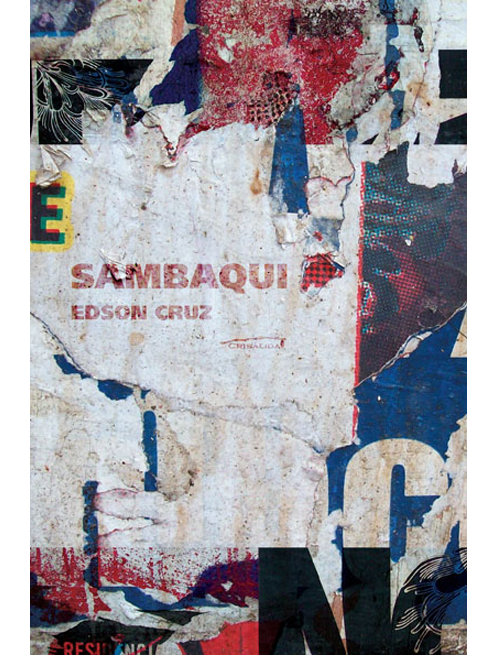 Capa do livro Sambaqui, de Edson Cruz, com composição gráfica abstrata, texturas e sobreposição de elementos tipográficos.