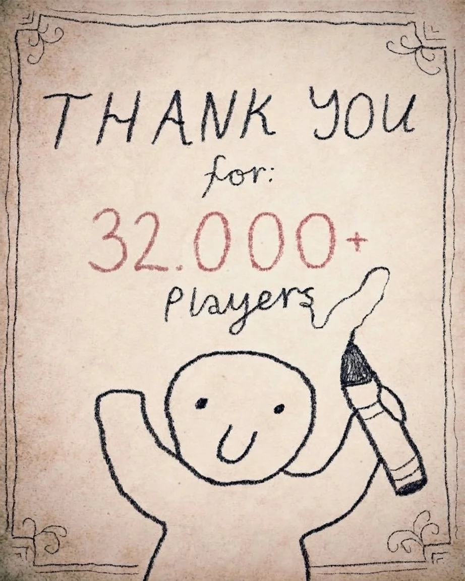 A hand-drawn thank you note for the game "Linebound" with the text "Thank you for: 32,000+ players." It includes a simple smiling face drawing holding a marker, with decorative corner details.