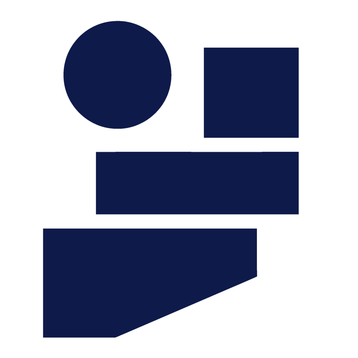 Icons of a circle, square, rectangle, and parallelogram arranged vertically in a dark blue color.
