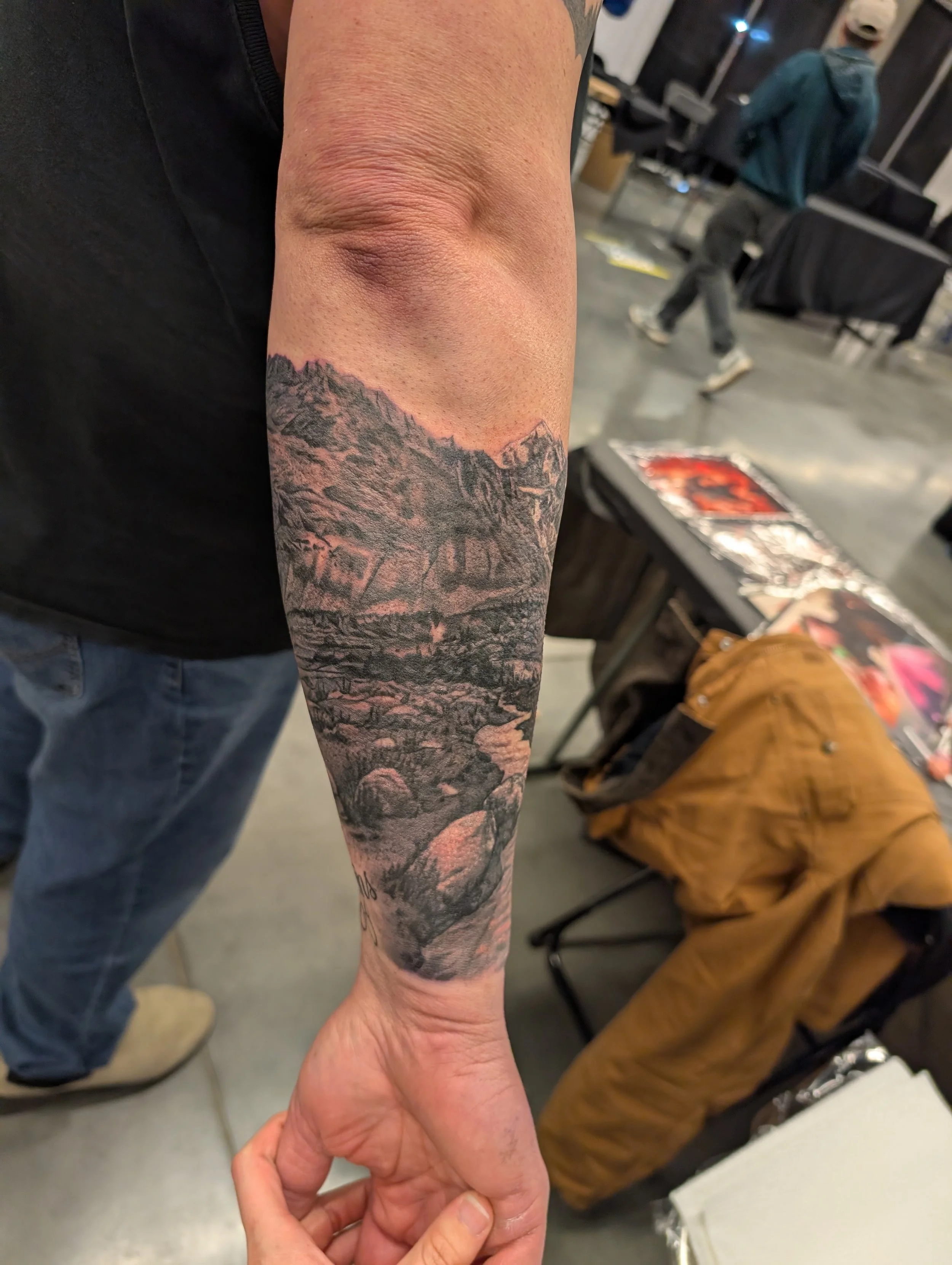 Close-up of a person's arm with a detailed black and gray mountain landscape tattoo, including mountains, trees, and a house, on the forearm.