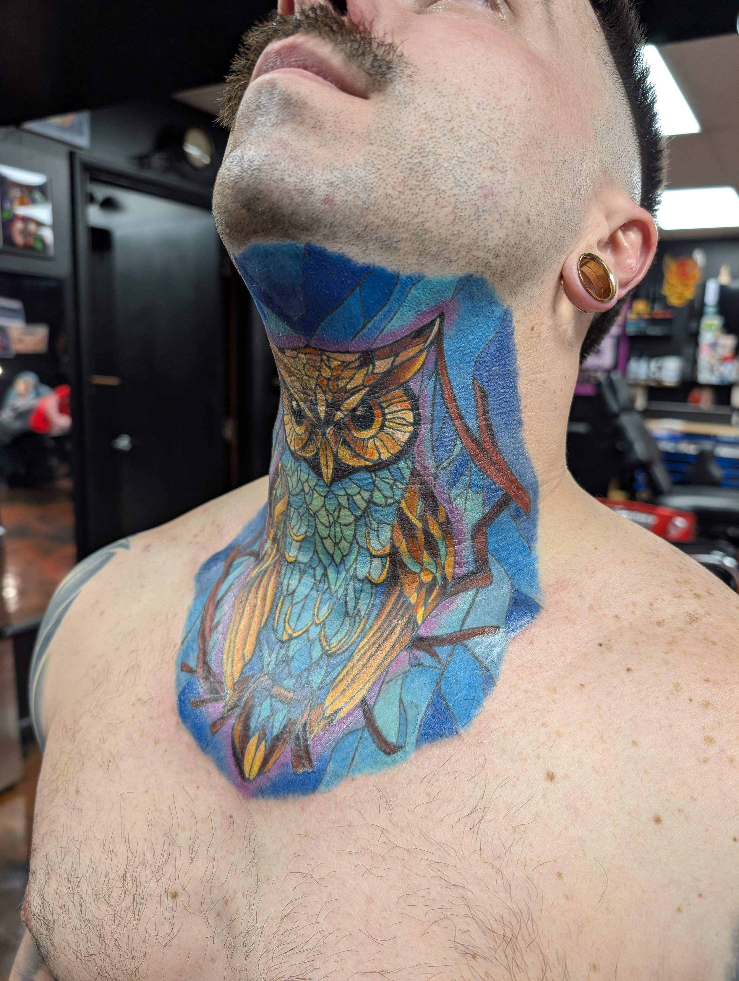 A person with a full back tattoo of an owl with detailed feathers in vibrant colors, including blue, yellow, and purple, and an earlobe piercing. The person has short dark hair, facial hair, and is shirtless, showing chest hair. The background appear