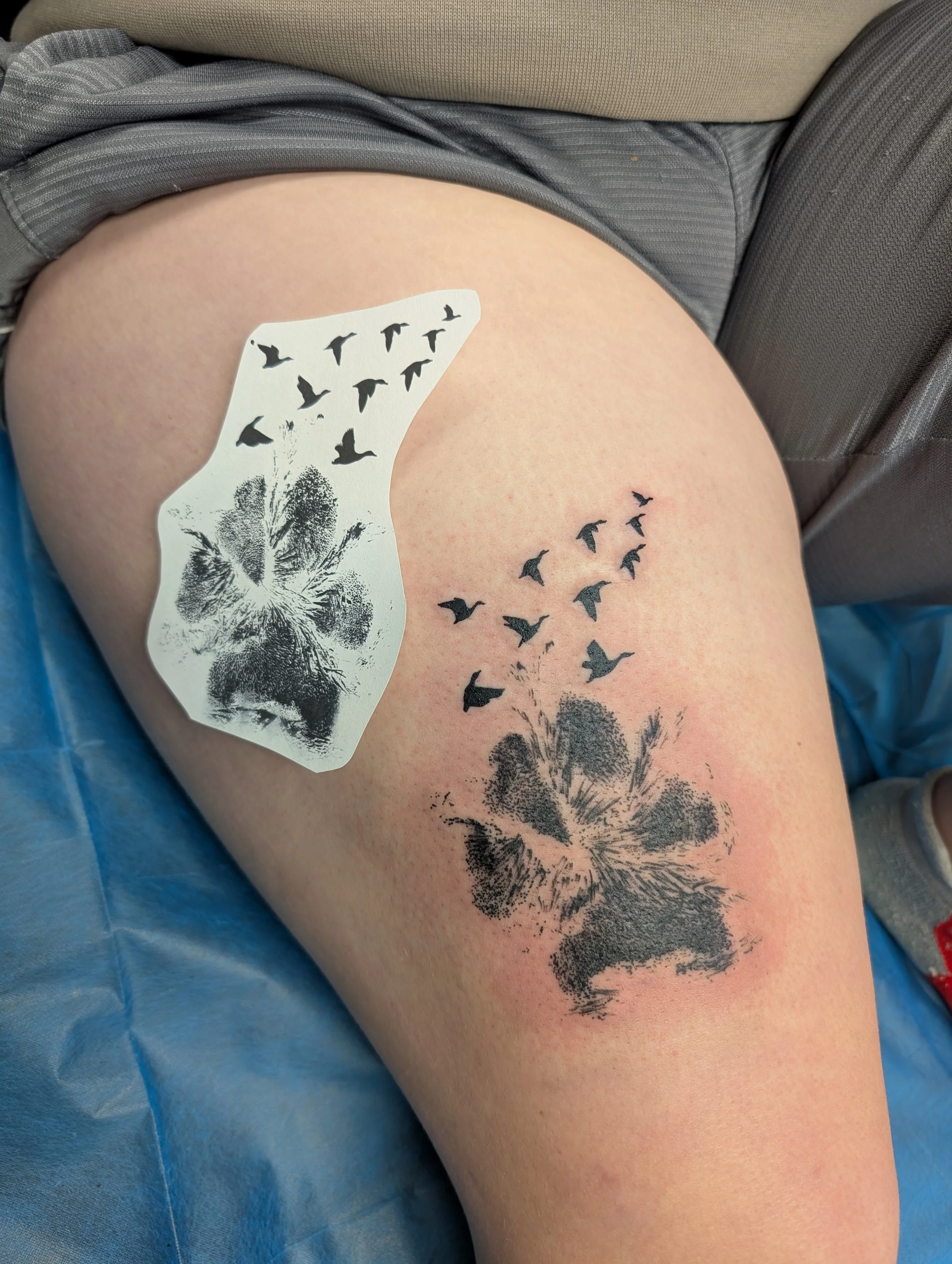 Tattoo of a flock of birds in flight with a firework and palm tree, on a person's thigh.