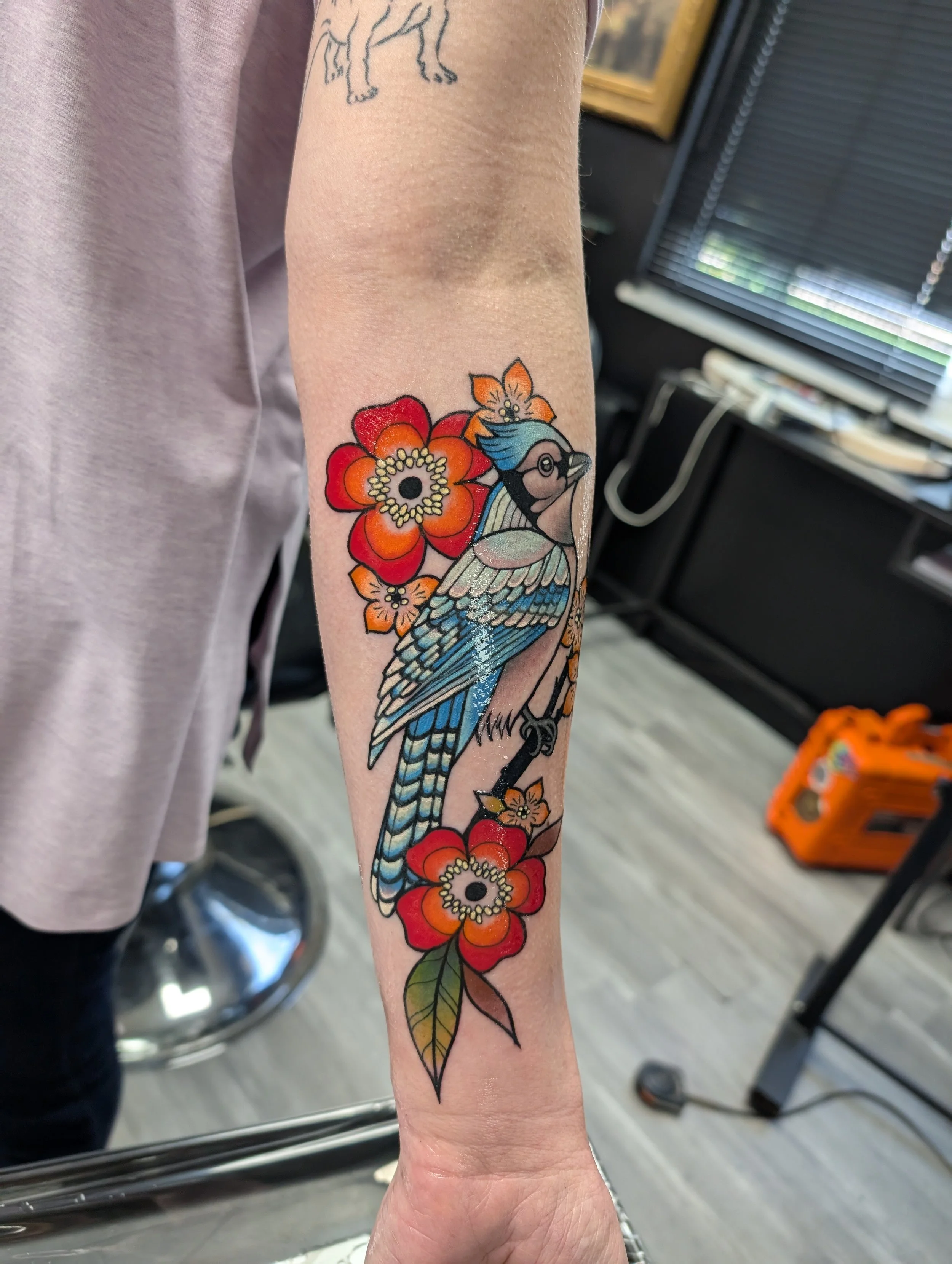 Colorful tattoo of a bird and flowers on the person's forearm. The bird has blue, black, and beige colors, surrounded by bright orange and red flowers with black and white centers, and green leaves.