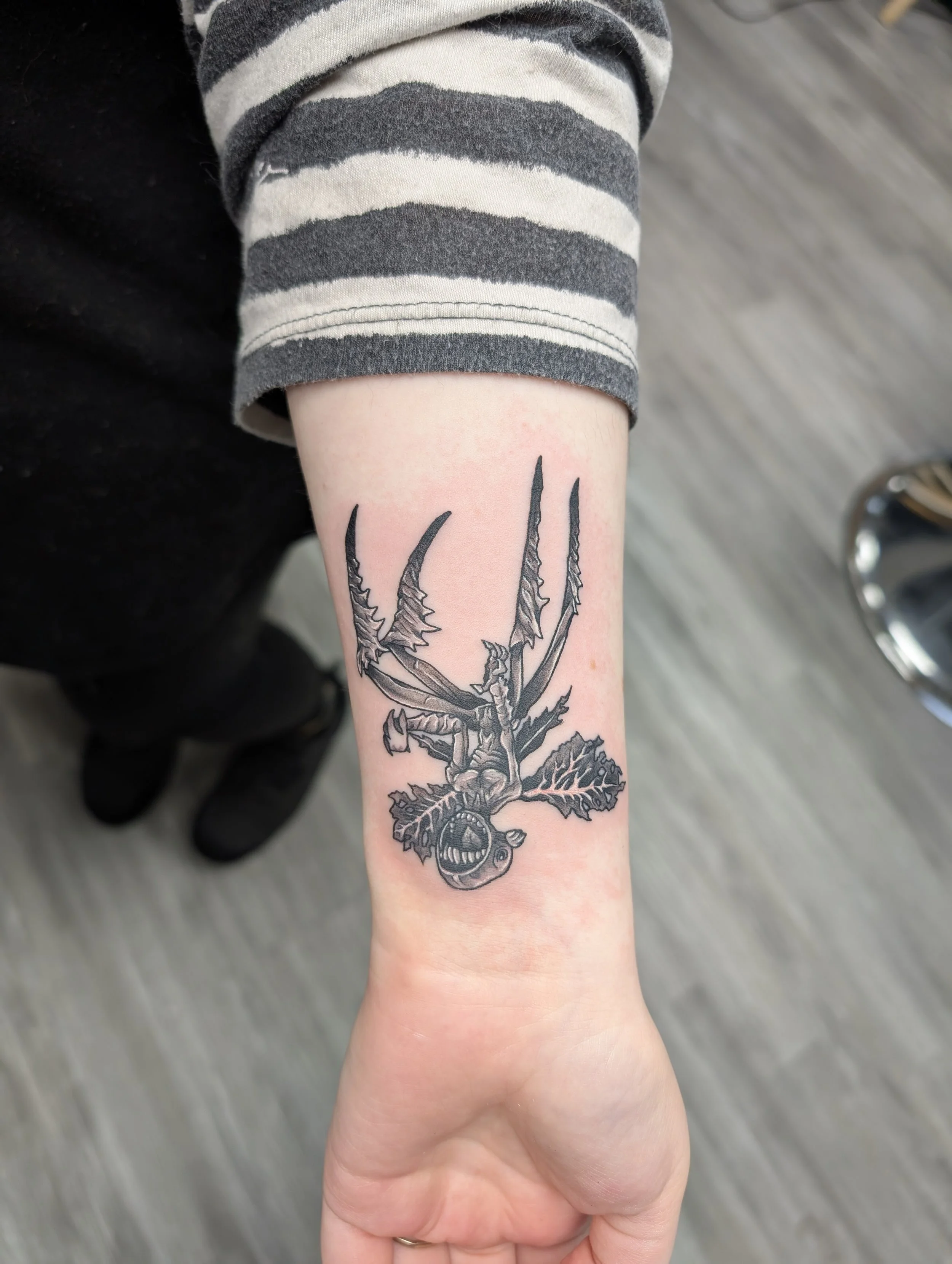 A person's forearm with a detailed black and gray tattoo of a creature with clawed limbs and an open mouth, extending from the wrist to just below the elbow, against a background of grayish wood flooring.