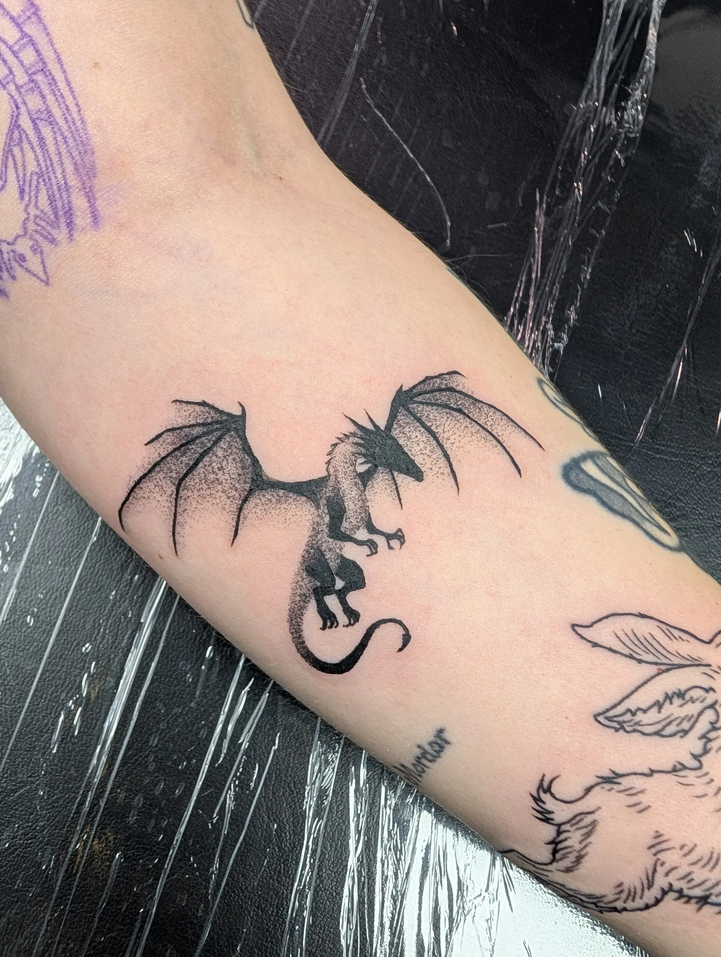 Close-up of a person's arm with a tattoo of a dragon and feathers, with a plastic wrap in the background.