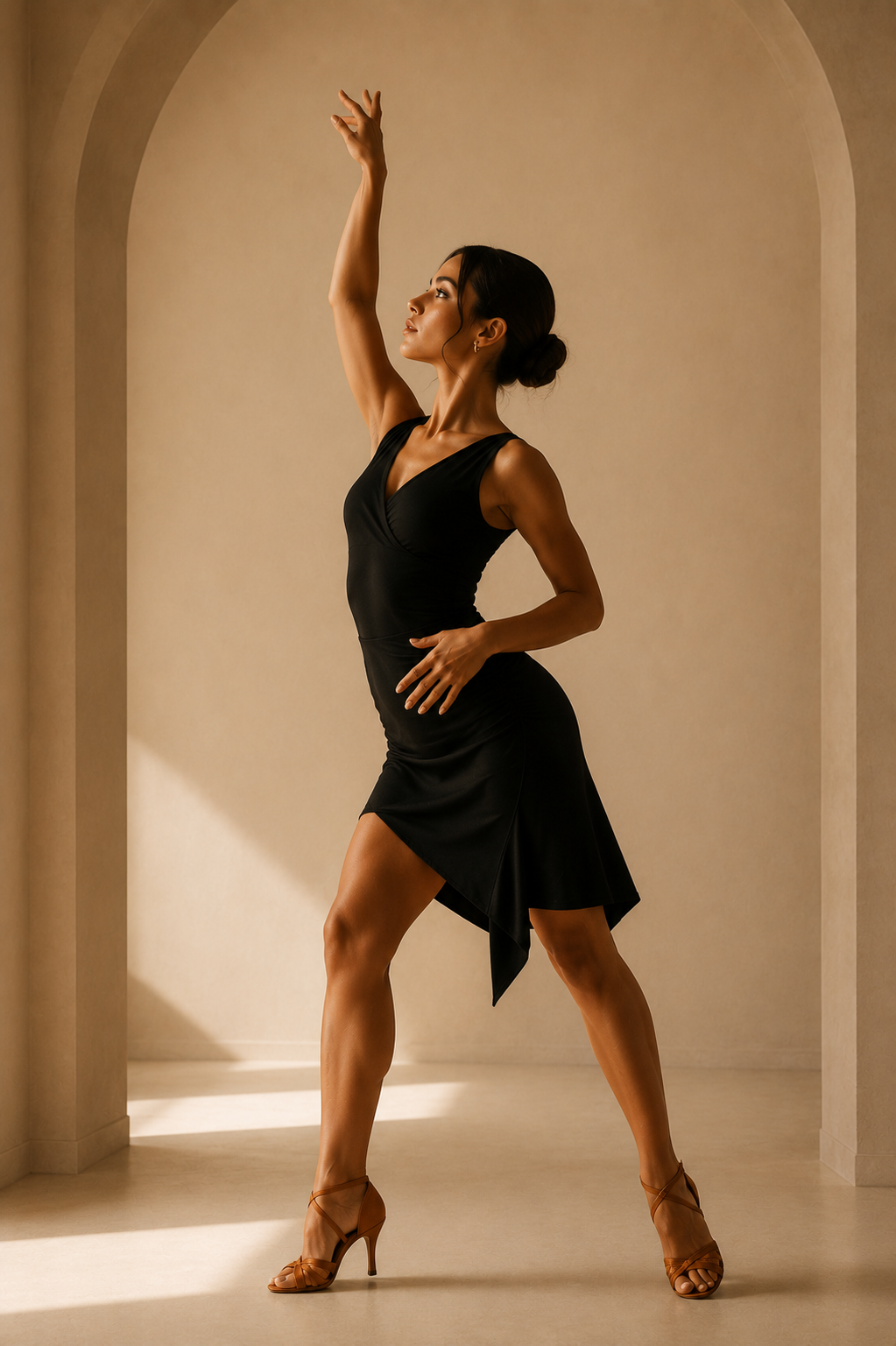 Une femme danseuse en robe noire et chaussures de danse brunes dans une pièce éclairée, faisant une pose de danse élégante.