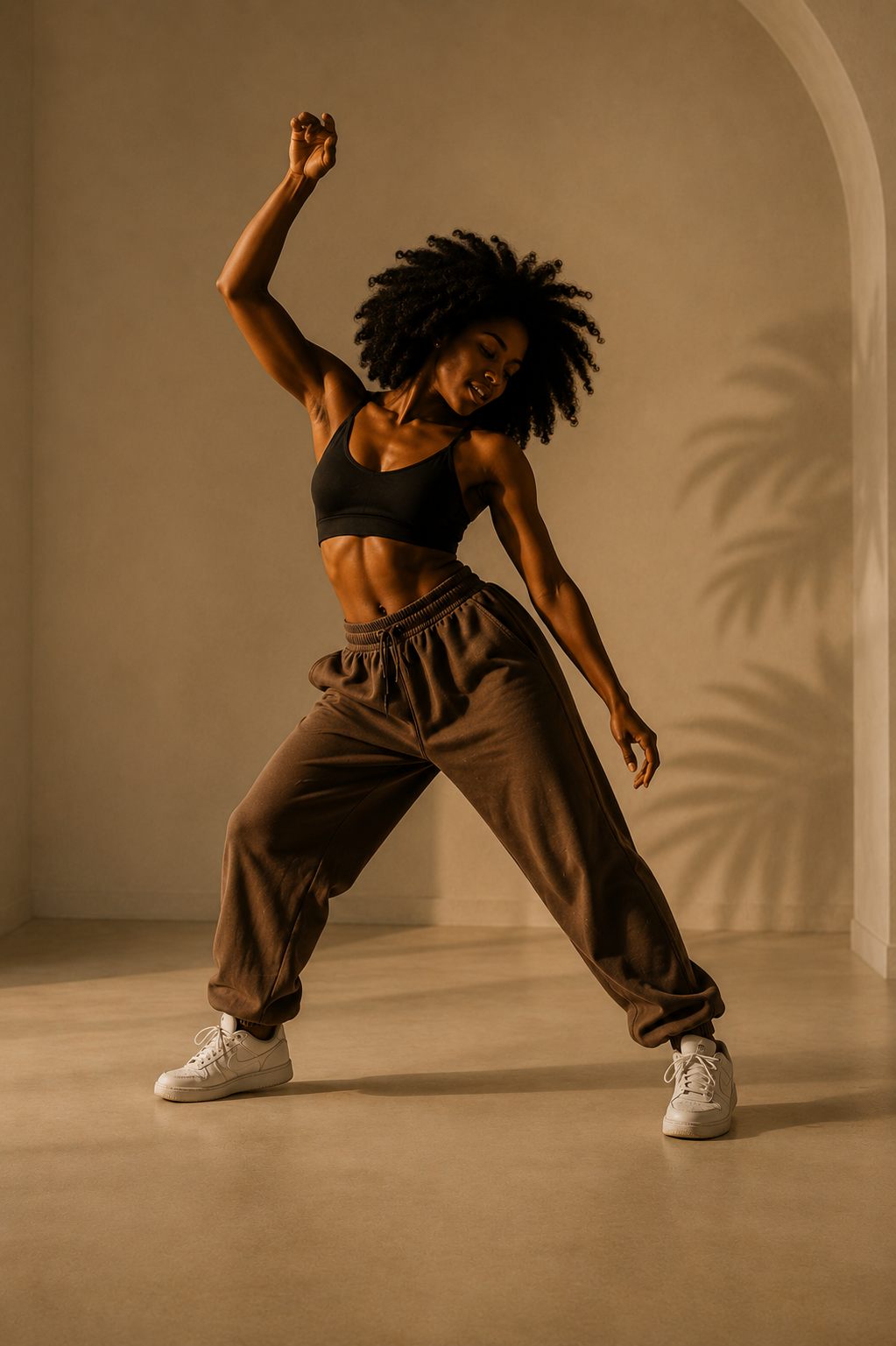 Une femme noire danse dans une pièce avec un mur beige et un mur en arche. Elle porte un haut noir, un pantalon de sport marron et des baskets blanches.