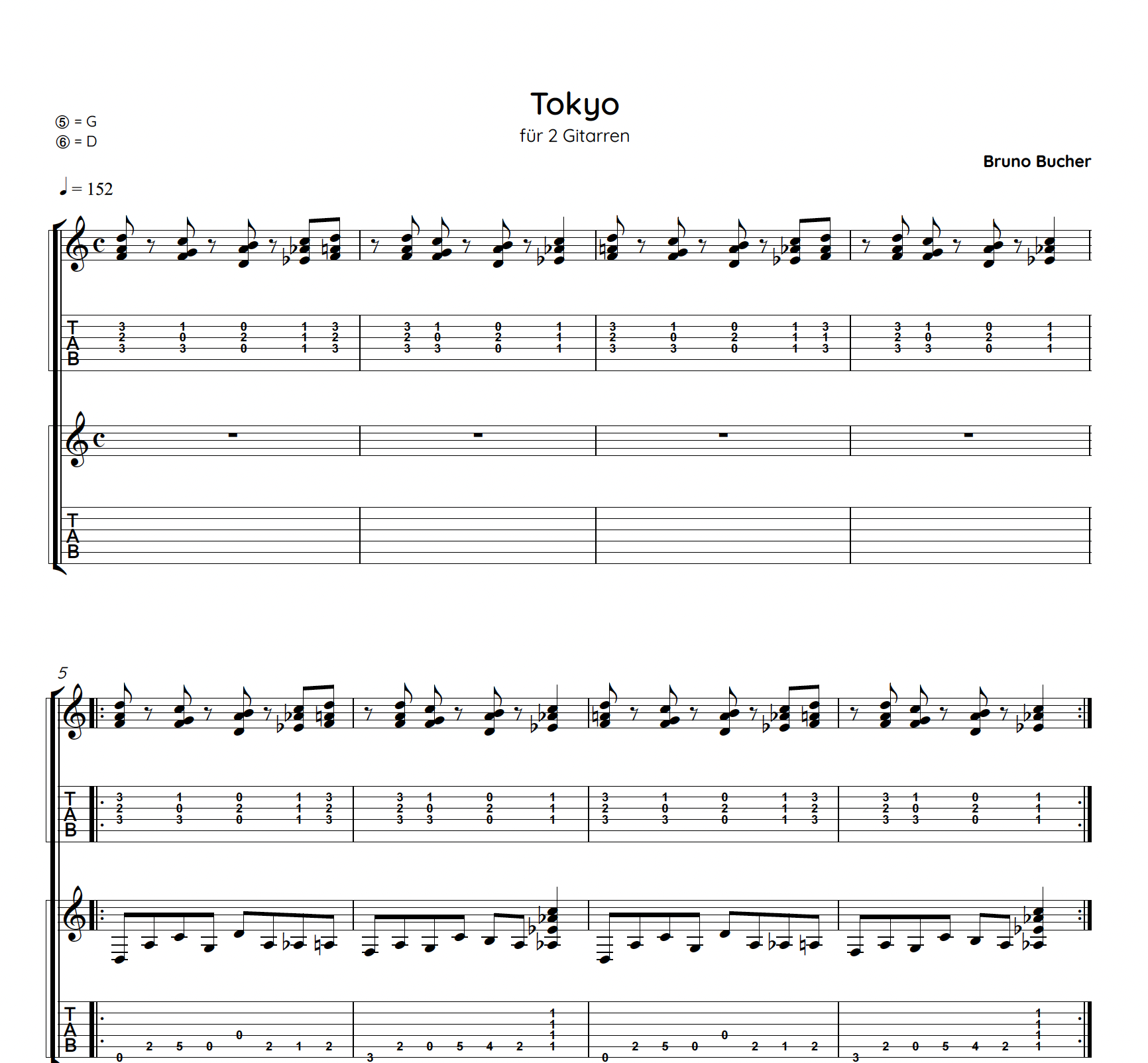 Musiknotenblatt mit Gitarrentabulatur für ein Stück namens Tokyo, für zwei Gitarren, von Bruno Bucher, im Tempo 152 BPM.