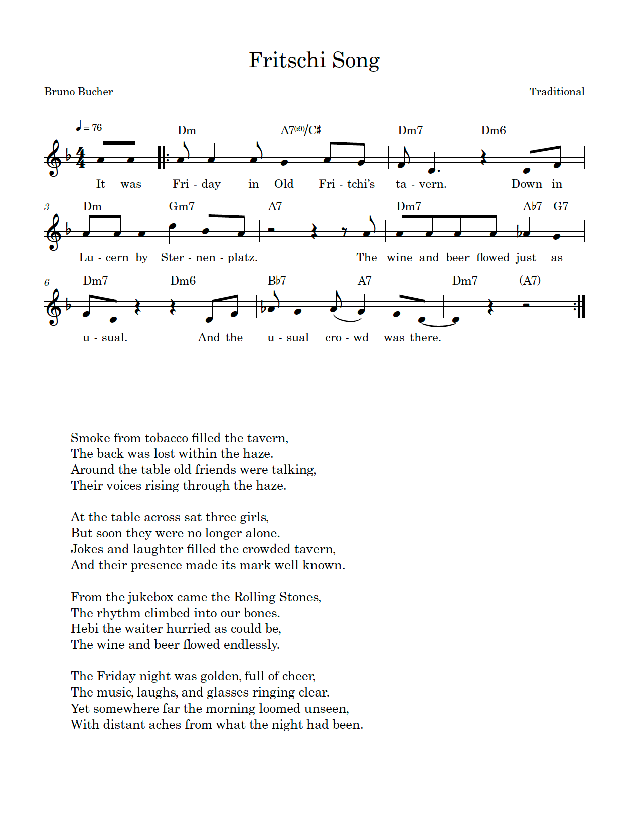 Notenblatt mit dem Liedtext "Fritschi Song" in deutscher Sprache und englischer Übersetzung darunter, mit musikalischer Notation und Akkorden.