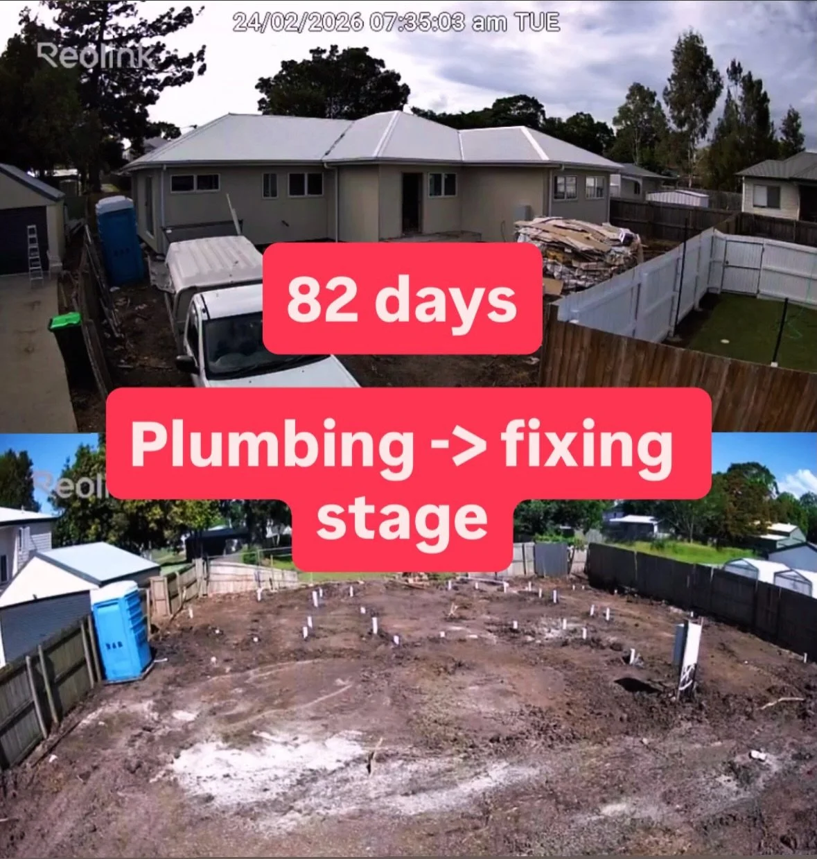 82 days from plumbing to enclosed. Including Christmas and New Year.

In the current build climate, delays cost money. Every extra month is holding costs, lost rent, opportunity cost.

82 days is rare right now.

Why we moved this fast: Builder knows