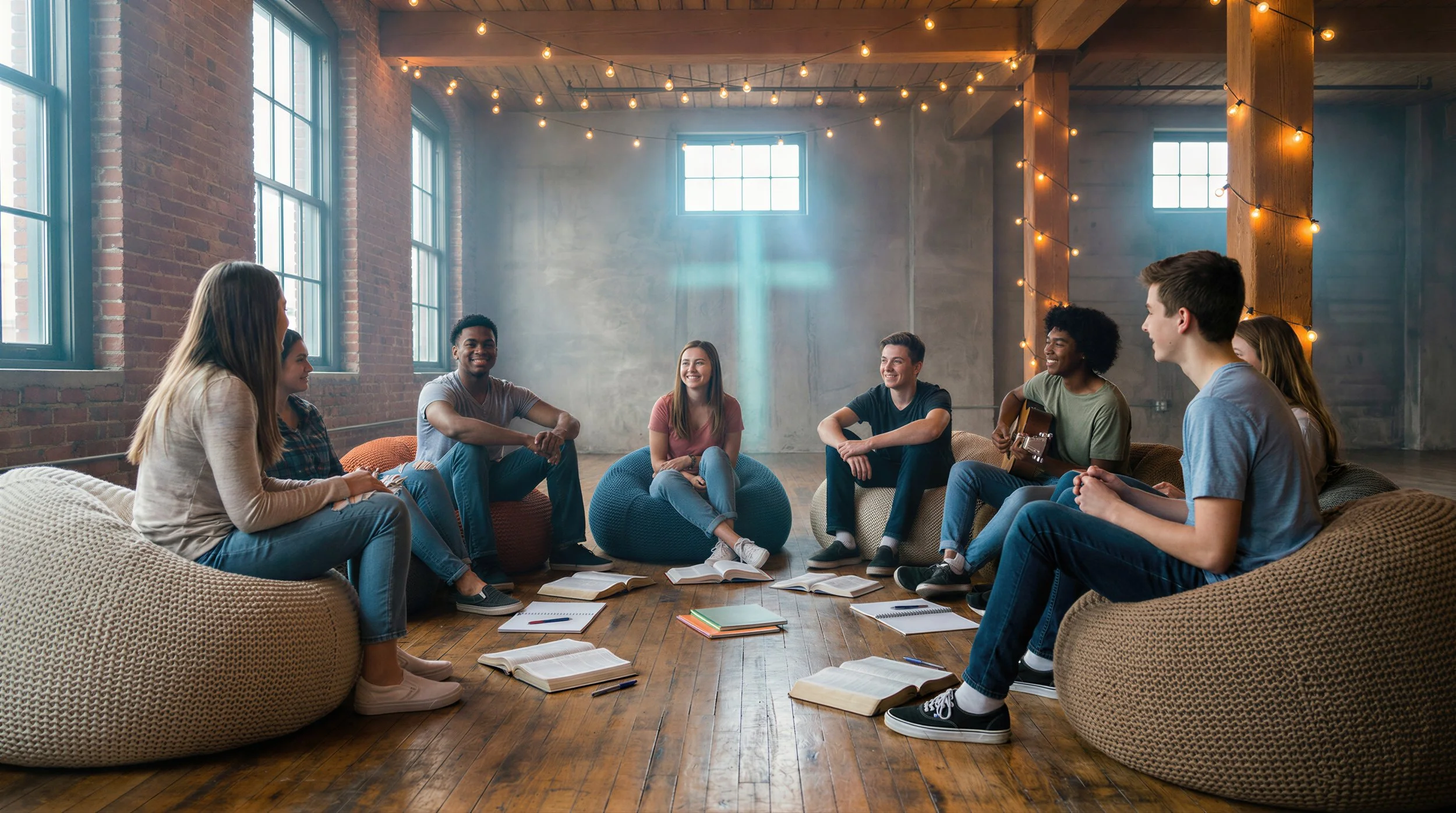 A group of young people sitting in a circle in a cozy, well-lit room, engaged in a discussion or sharing moment, with books and notebooks on the floor.