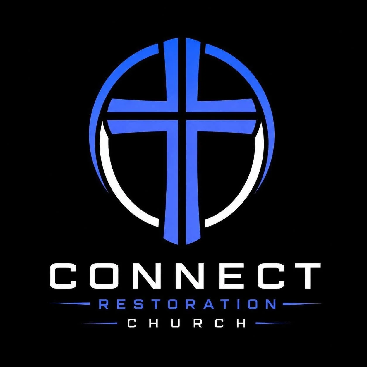 A logo for Connect Restoration Church featuring a blue cross inside a blue circular outline on a black background with the text 'Connect Restoration Church' beneath it.