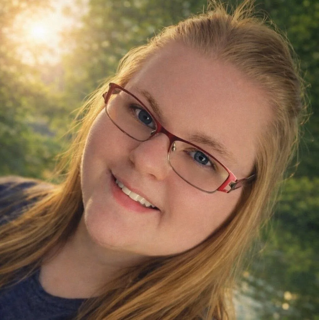 A young woman with long red hair and glasses smiling outdoors during sunset with trees in the background.