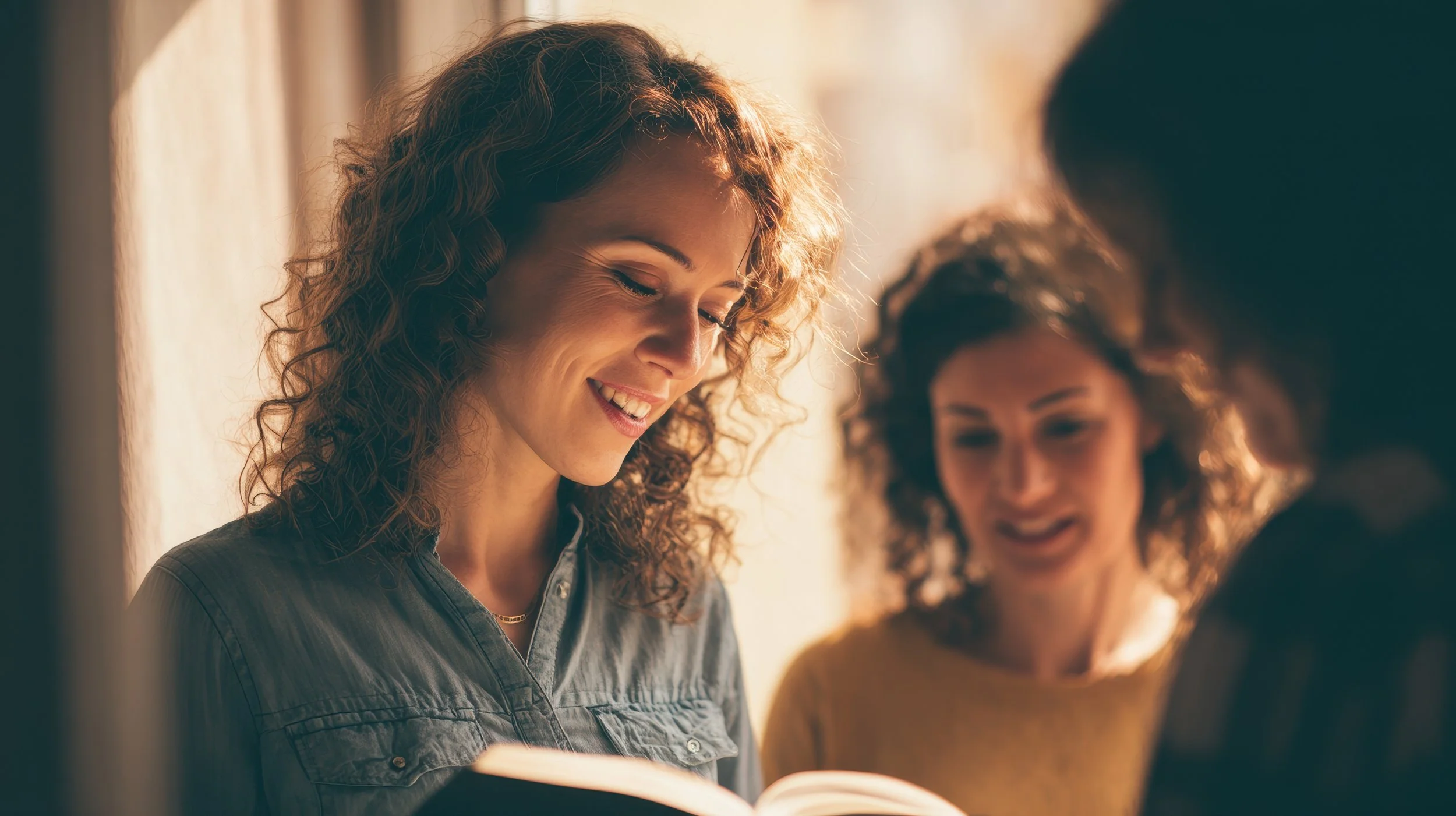 Three women with curly hair smiling and looking at something outside the frame in a warmly lit room.