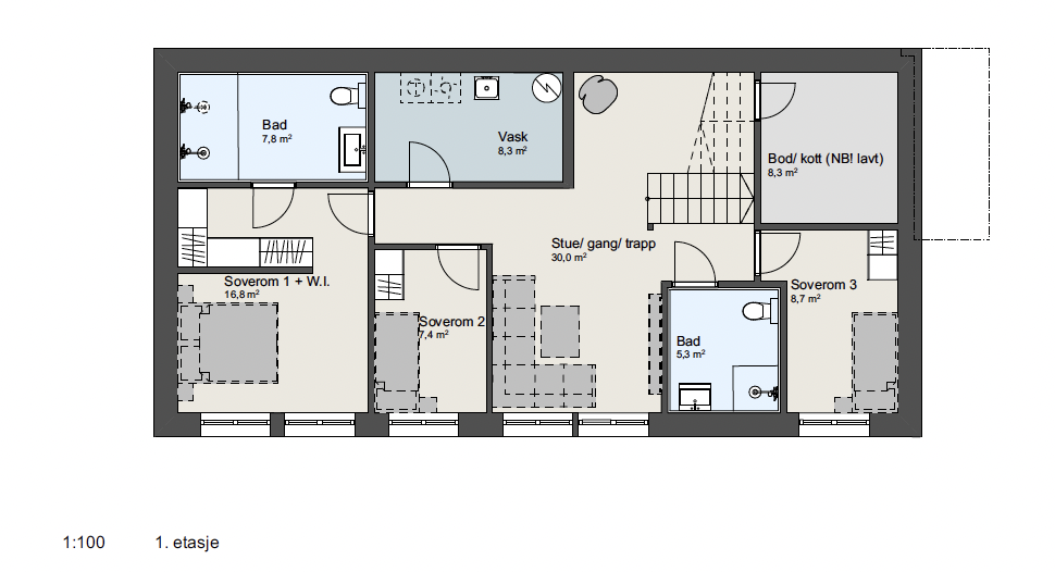 Floor plan of a residential building's first floor, including bedrooms, bathrooms, laundry area, stairway, and living space, with room labels and sizes.