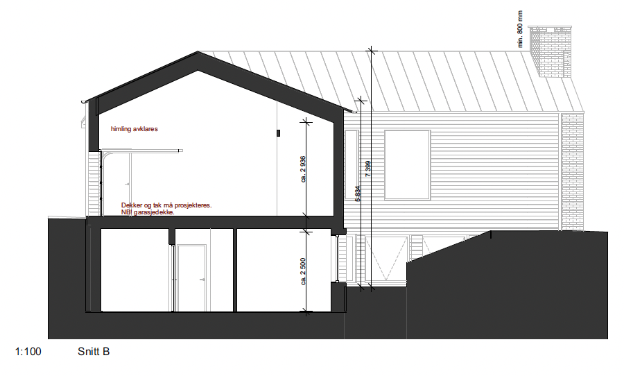 Architectural cross-section of a house showing interior and exterior structure, including rooms, roof, stairs, and measurements.