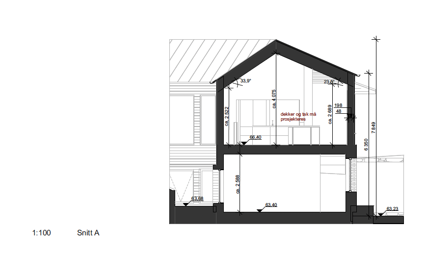 Architectural cross-section drawing of a house with detailed measurements and annotations in Norwegian.