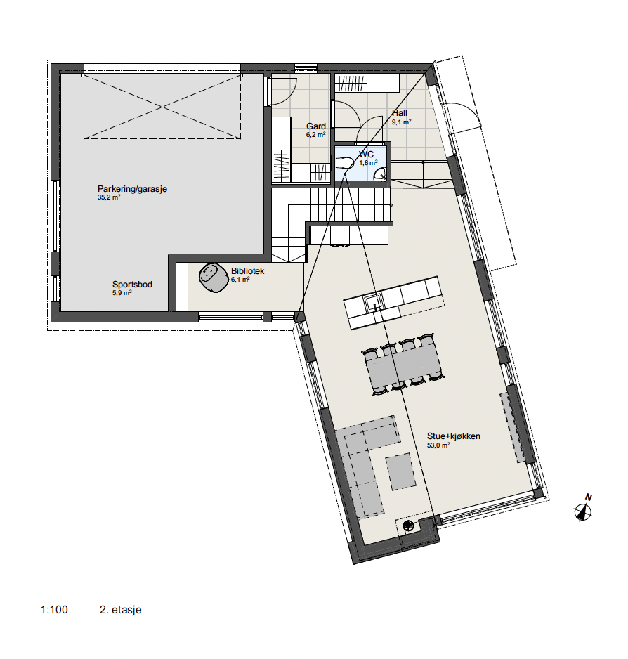 Architectural floor plan of the second floor of a house, including a garage, sports storage, library, hallway, WC, staircase, and an open living room and kitchen area.