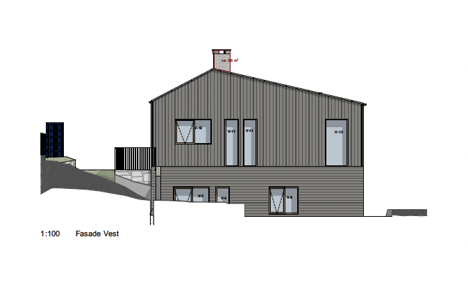 Architectural drawing of a modern house elevation with a sloped roof, multiple windows, and a small chimney, labeled in Swedish.