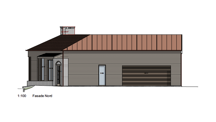 Architectural drawing of a modern house with a garage, front door, and chimney, labeled 'Fasade Nord' and scaled 1:100.