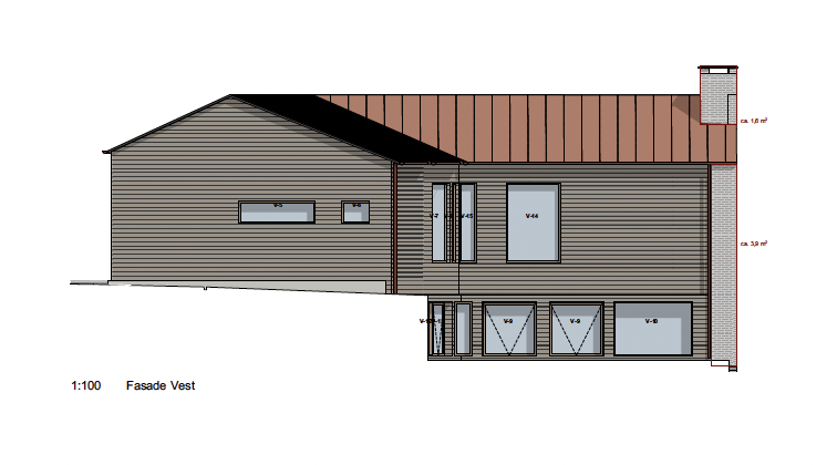 Architectural elevation drawing of a house's front facade showing windows, doors, and roof, with measurements and labels for different sections.