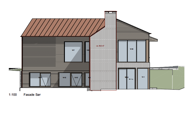 Architectural drawing of a two-story house showing the south facade with windows, a chimney, and a sloped roof.